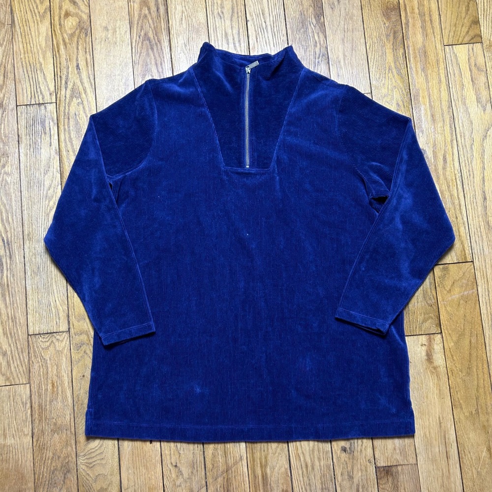 Lands End Womens 1X Blue Corduroy‎ Quarter Zip Pullover Sweatshirt 534124